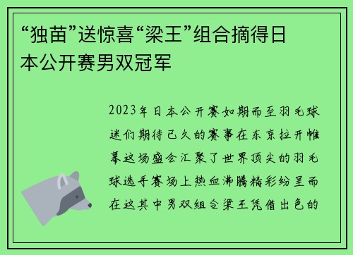 “独苗”送惊喜“梁王”组合摘得日本公开赛男双冠军