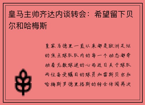 皇马主帅齐达内谈转会：希望留下贝尔和哈梅斯