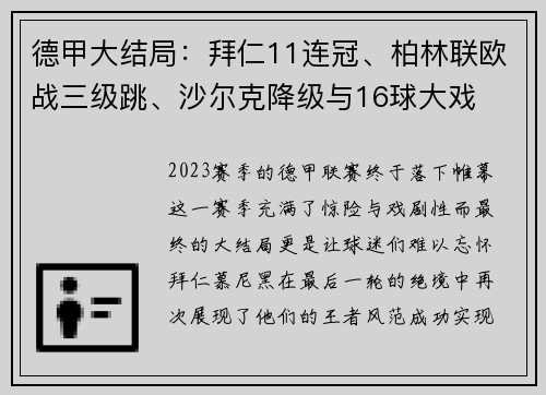 德甲大结局：拜仁11连冠、柏林联欧战三级跳、沙尔克降级与16球大戏